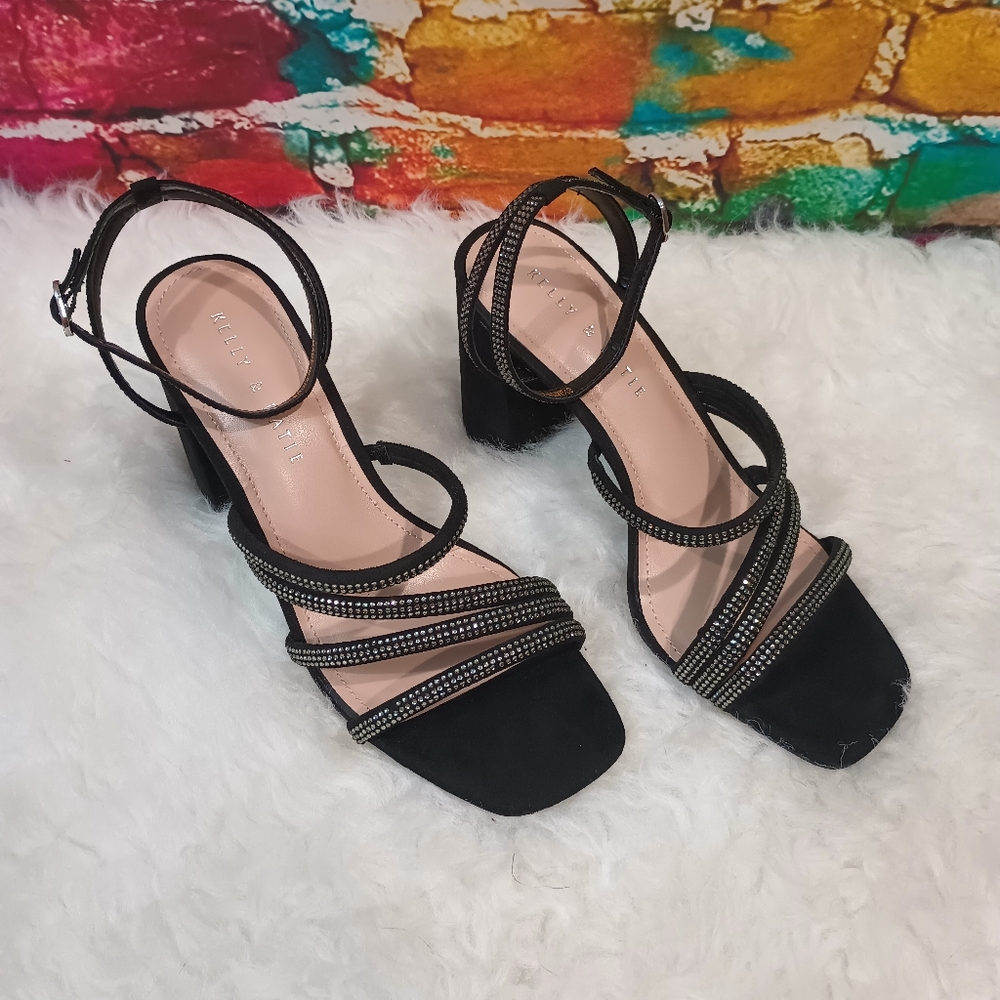 Kelly & Katie Black & Silver Ankle Strap Block Heel shoes Size 8.5